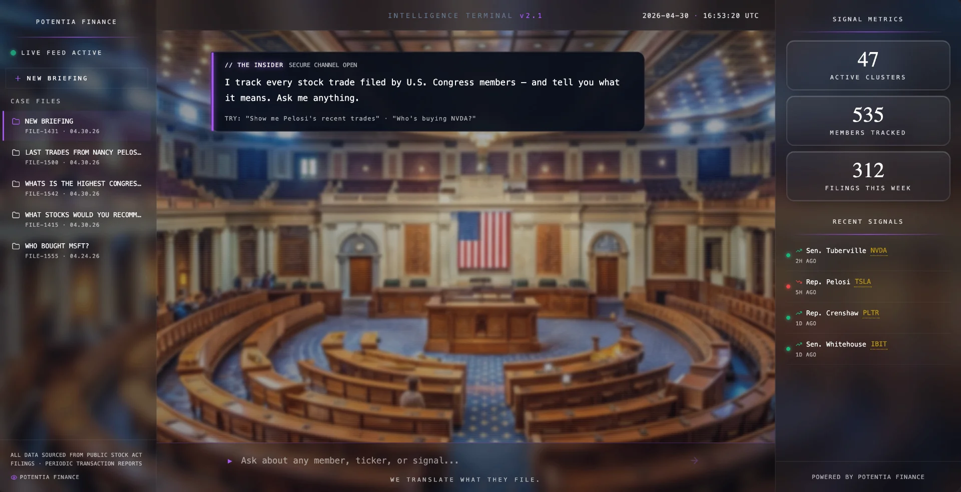 Potentia Finance data terminal displaying live U.S. Congress trades, politician stock disclosures and insider investment intelligence
